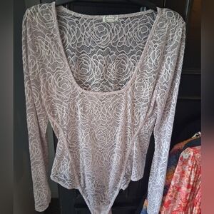 Free People Floral Lace Scoop-Neck Long Sleeve Bodysuit - Light Lavender